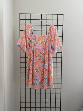 Pink Floral Square-Neck Short Dress